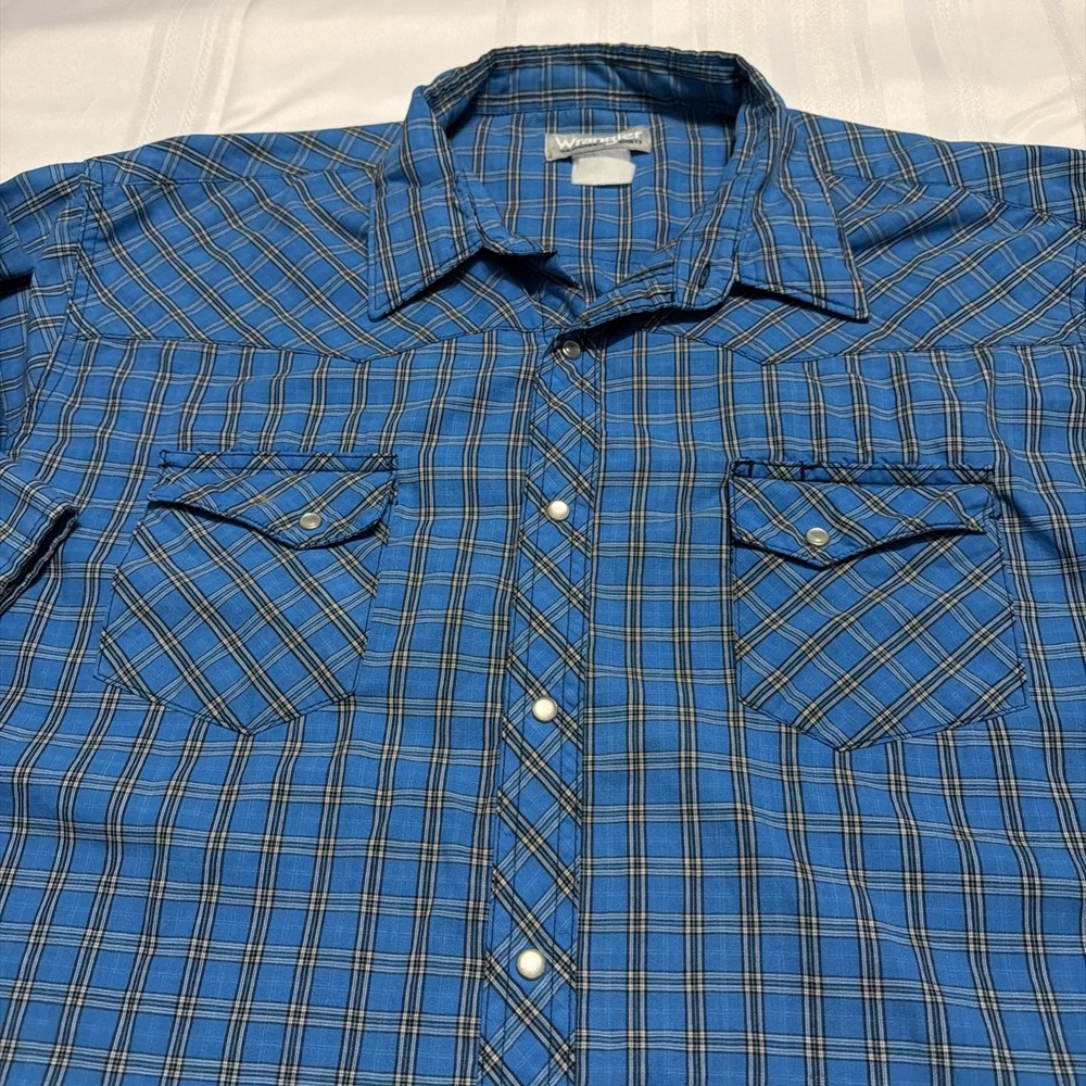 Wrangler Wrancher Mens Blue Plaid Western Pearl Snap Long Sleeve Shirt XL